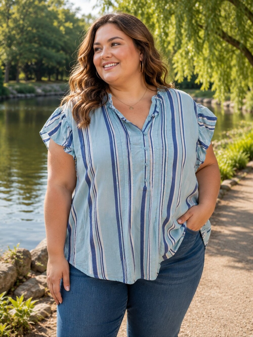 Blue Striped Ruffled Blouse